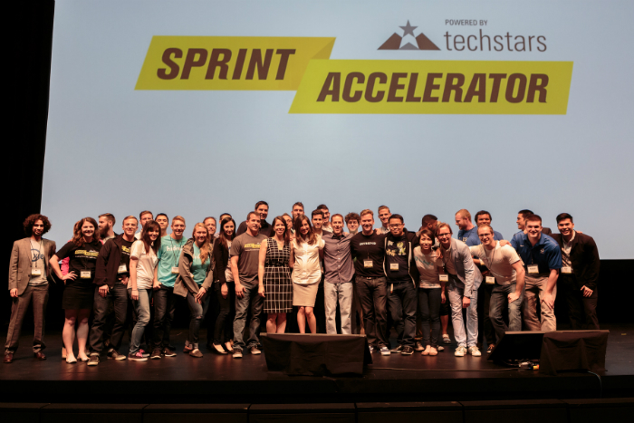 Sprint CEO Marcelo Claure joins colleagues Kevin McGinnis and Doug Dresslaer, Techstars' John Fein, Alisha Templeton, and the Sprint Accelerator class of 2015 at demo day June 4, 2015.