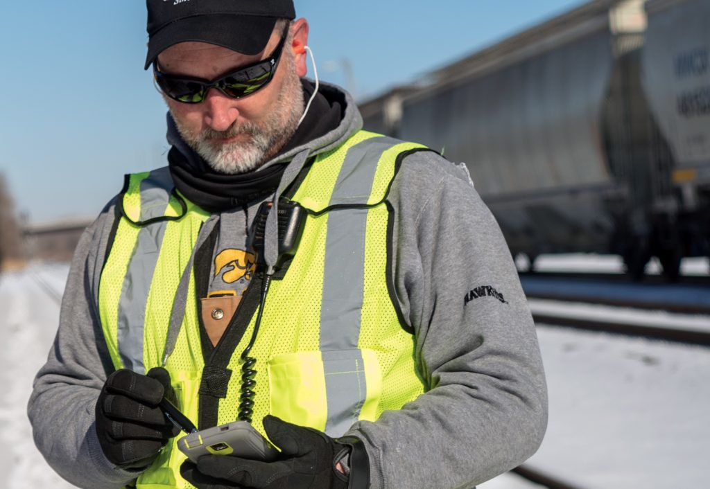 Mobile Terminal Yardman Jon Duysen-cropped Council Bluffs Union Pacific Yardman Jon Duysen uses a Mobile Terminal device.