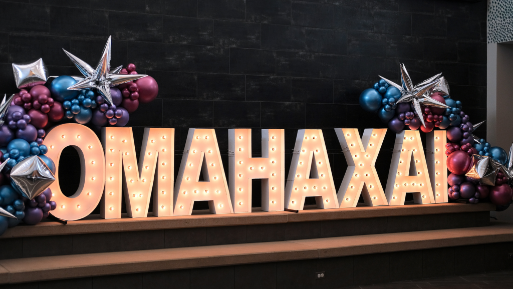 The OMAxAI Conference sign that greeted attendees of the artificial intelligence conference put on by the University of Nebraska at Omaha on June 30