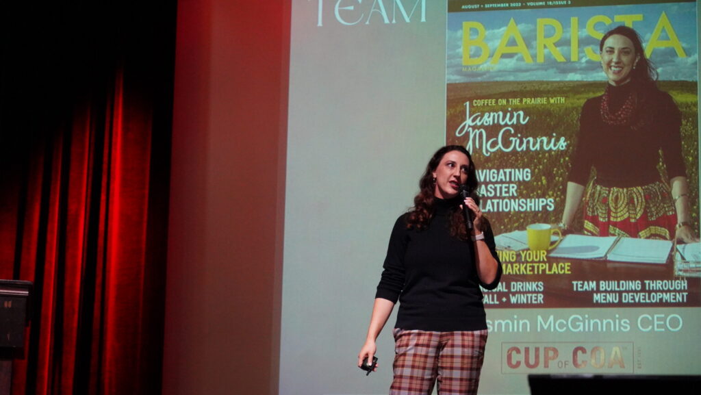 Cup of Coa Founder and CEO Jasmin McGinnis presents at the NMotion Showcase during Silicon Prairie Startup Week 2024. Photo by Ben Goeser/Silicon Prairie News