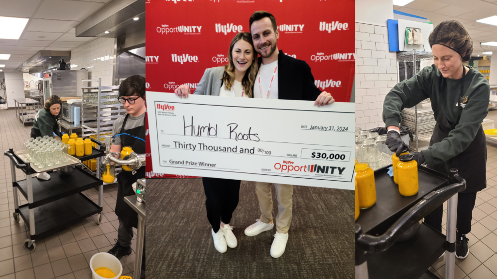 Humbl Roots packaging its Carinara sauce at Kitchen Council in Council Bluffs, and the Burklunds accepting their pitch competition winnings at the Hy-Vee OpportUNITY Inclusive Business Summit in Omaha. Photos courtesy of Humbl Roots