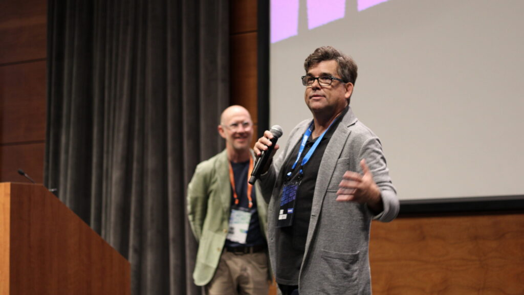 Hustle Conference co-founders Eric Gautschi (front) and Curt Drew on Sept. 30, 2026. Photo by Ben Goeser/Silicon Prairie News