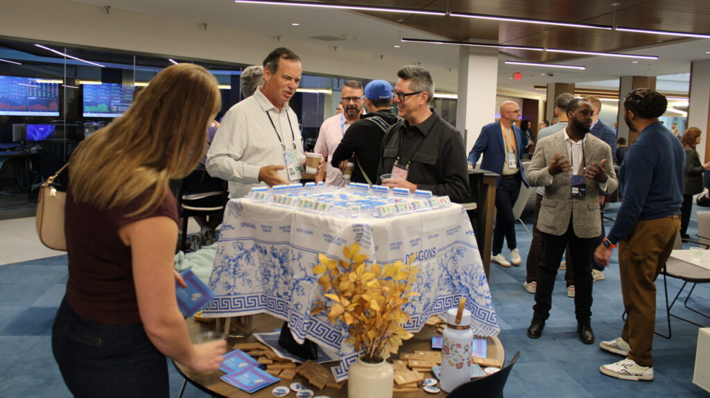 Attendees of the Hustle Conference 2026 network between speakers at Creighton University’s Heider College of Business. Photo by Ben Goeser/Silicon Prairie News