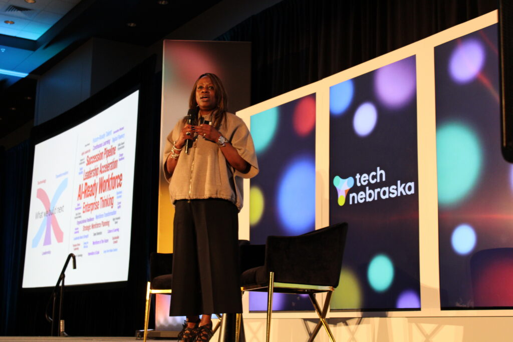 Michelle Greene, executive vice president and chief information officer at Cardinal Health, led the opening keynote on the importance of transparency, culture and training in adopting AI. Photo by Ben Goeser/Silicon Prairie News